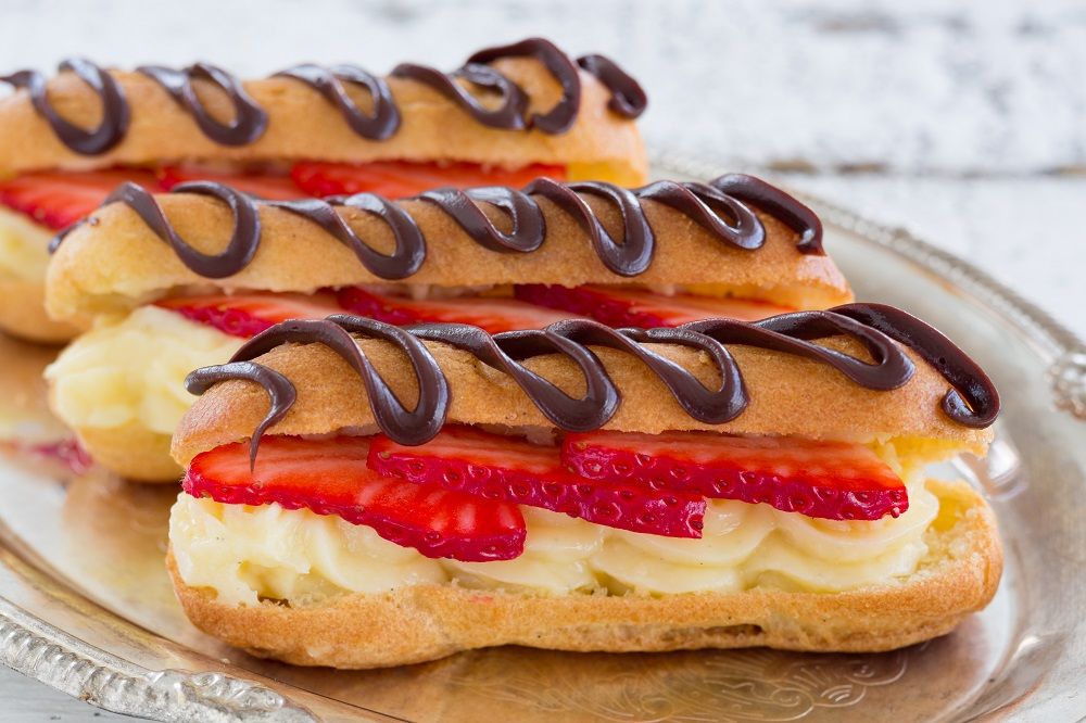 Dairy Free Eclairs Filled with Vanilla Coconut Cream, Strawberries and Chocolate