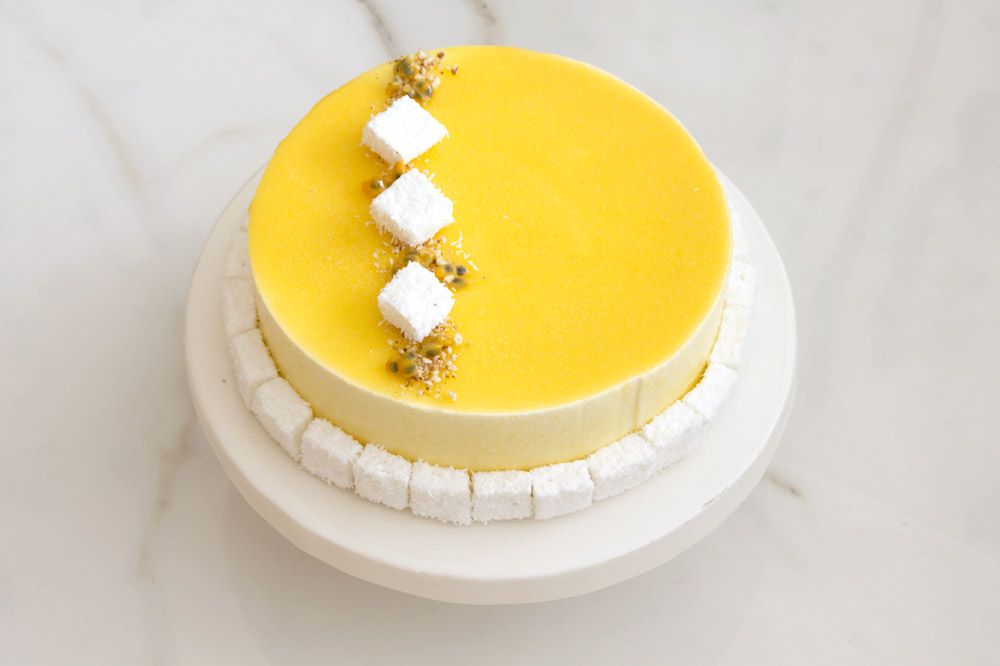 Passion Fruit Mousse Cake with Coconut and Vanilla
